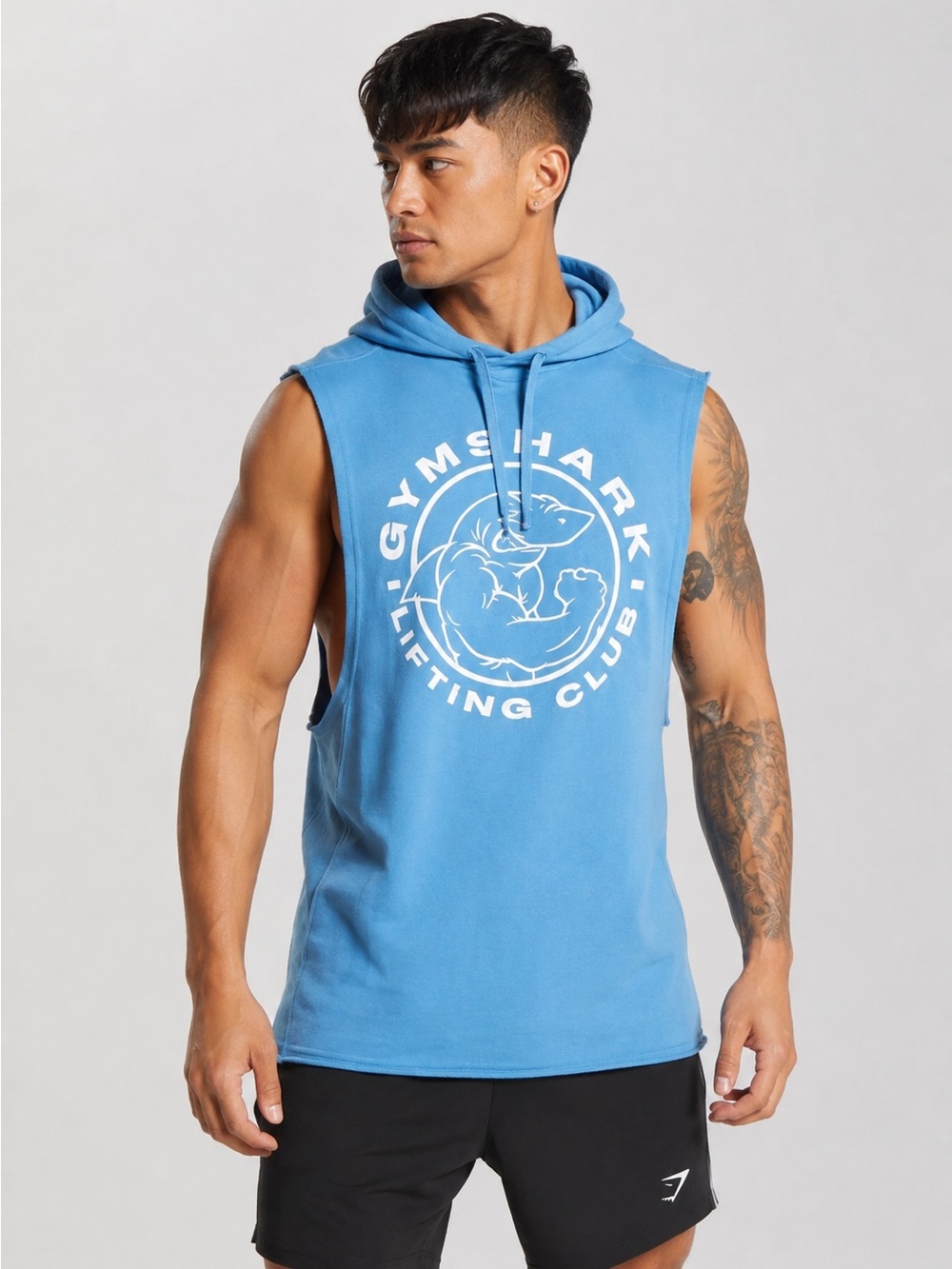 Gymshark Lifting Club Men XL Blue Sleeveless Hoodie Tank Top Raw Cut Gym Workout